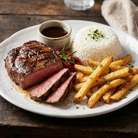 Filé grelhado com arroz e fritas
